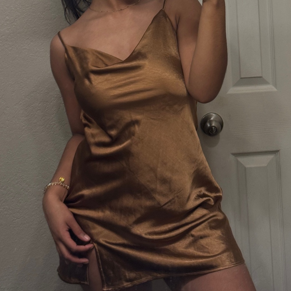 Sleek Bronze Satin Slip Dress